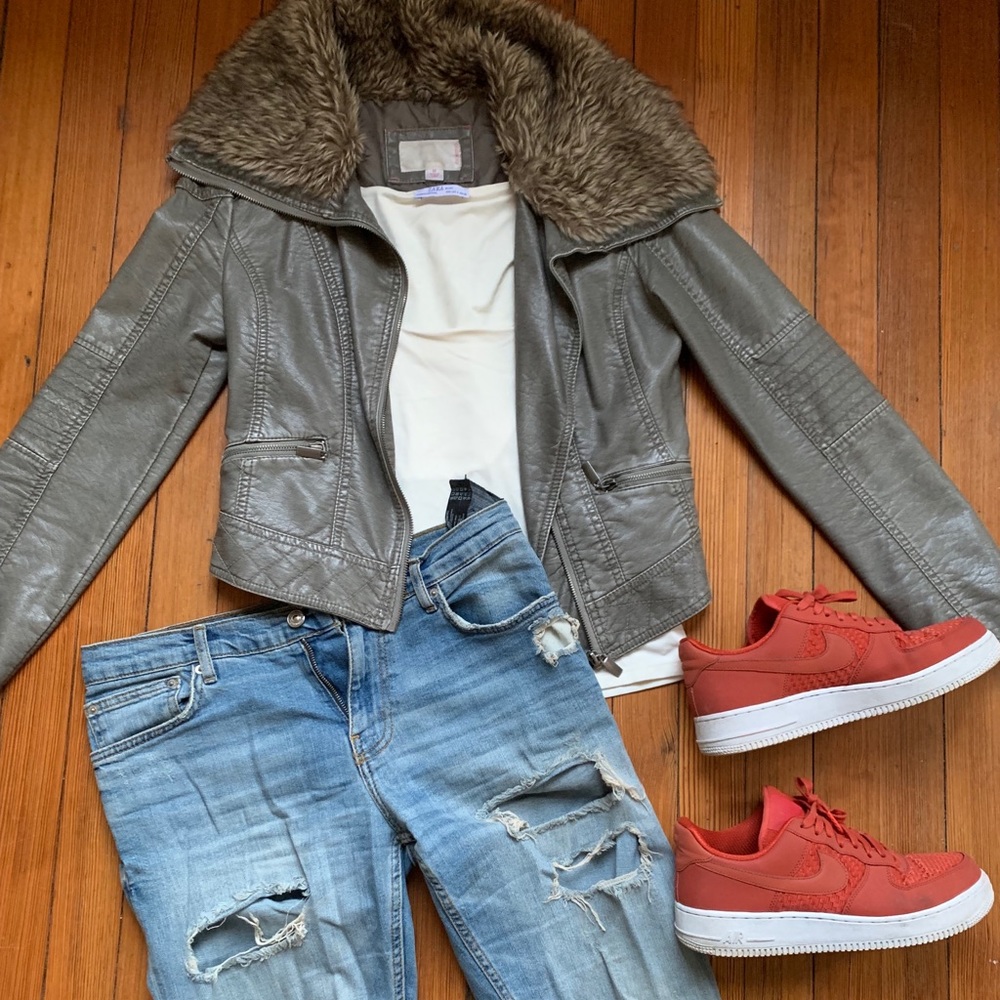 Tan Faux Leather Jacket with Faux Fur Collar